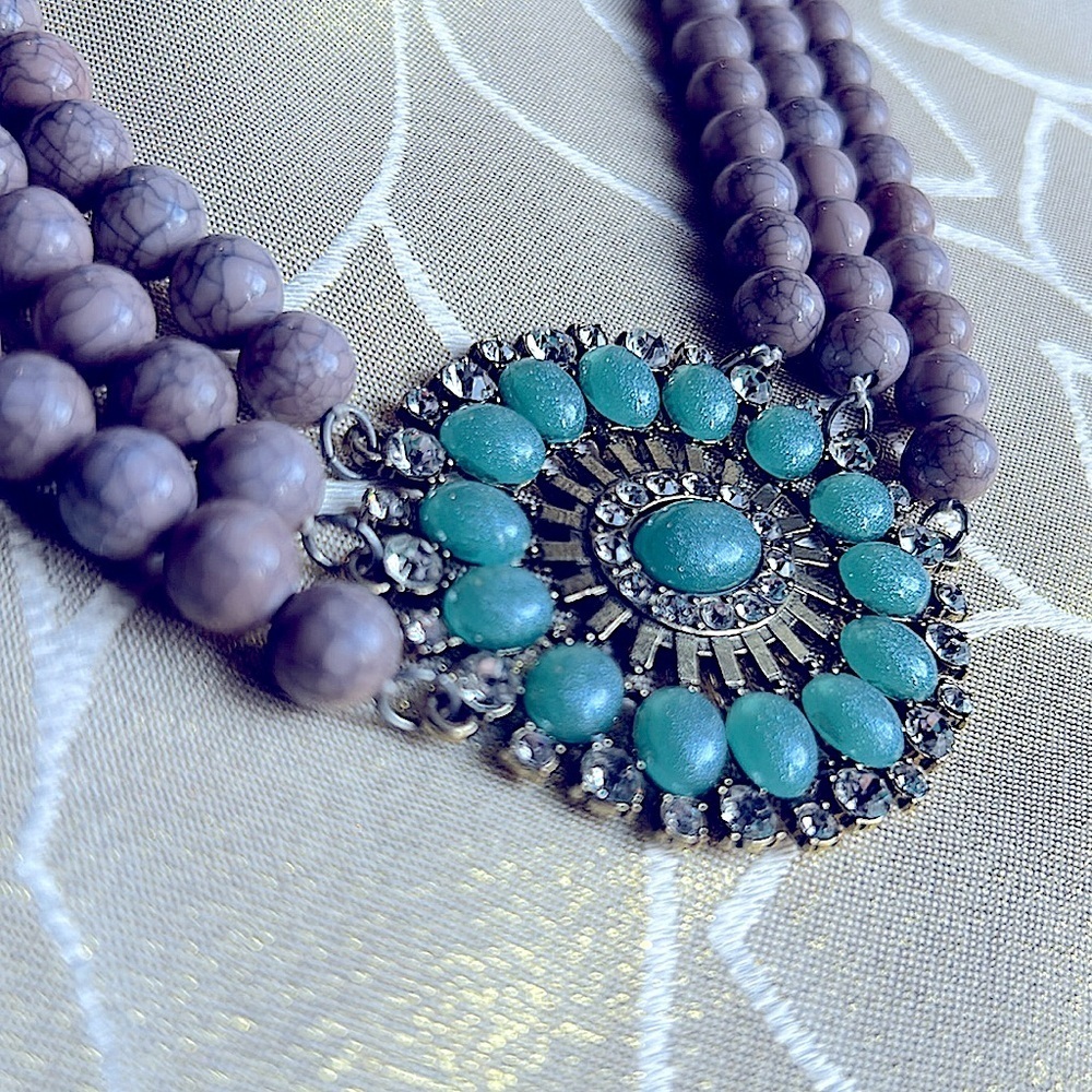 Gray Beaded Turquoise Rhinestones Gold Necklace 19” Center Pendant 2.5”